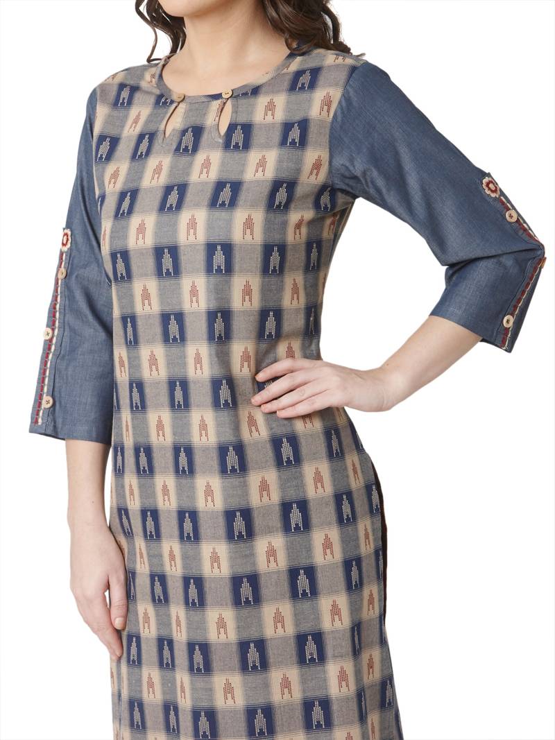 women's beige colour  embroidered cotton straight kurta