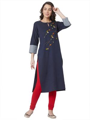 women's   dark blue colour embroidered cotton straight kurta 1