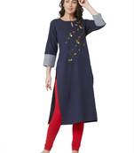 women's   dark blue colour embroidered cotton straight kurta