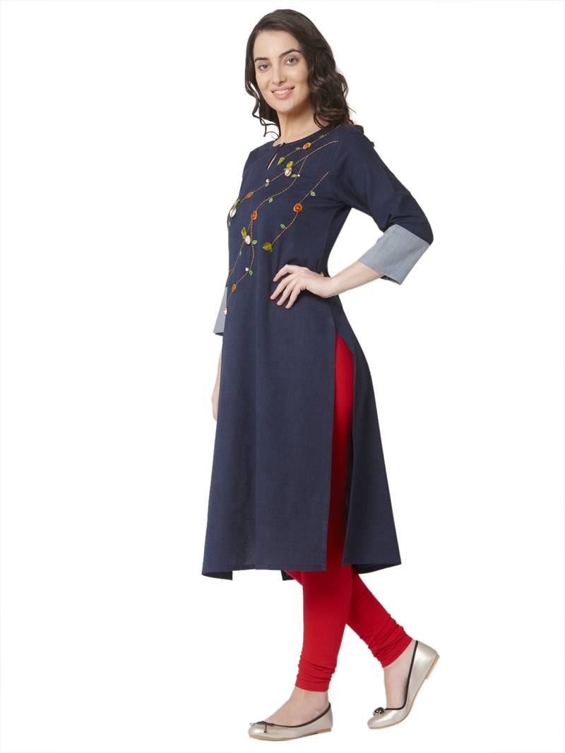 women's   dark blue colour embroidered cotton straight kurta