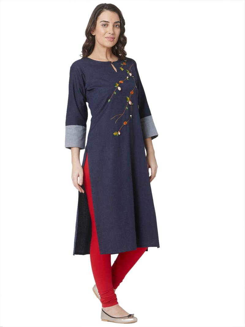 women's   dark blue colour embroidered cotton straight kurta