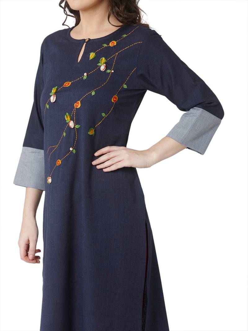 women's   dark blue colour embroidered cotton straight kurta