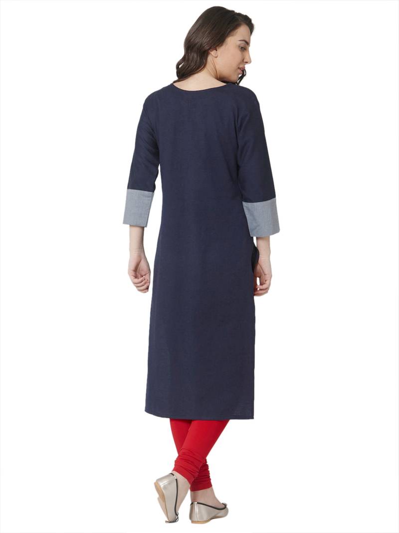 women's   dark blue colour embroidered cotton straight kurta