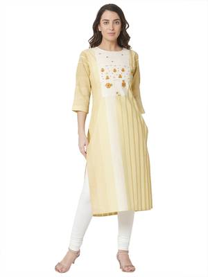 women's  yellow colour  embroidered cotton straight kurta 1