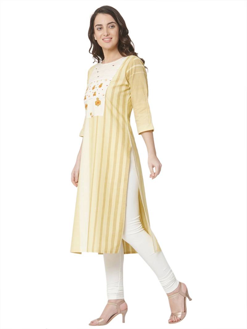 women's  yellow colour  embroidered cotton straight kurta
