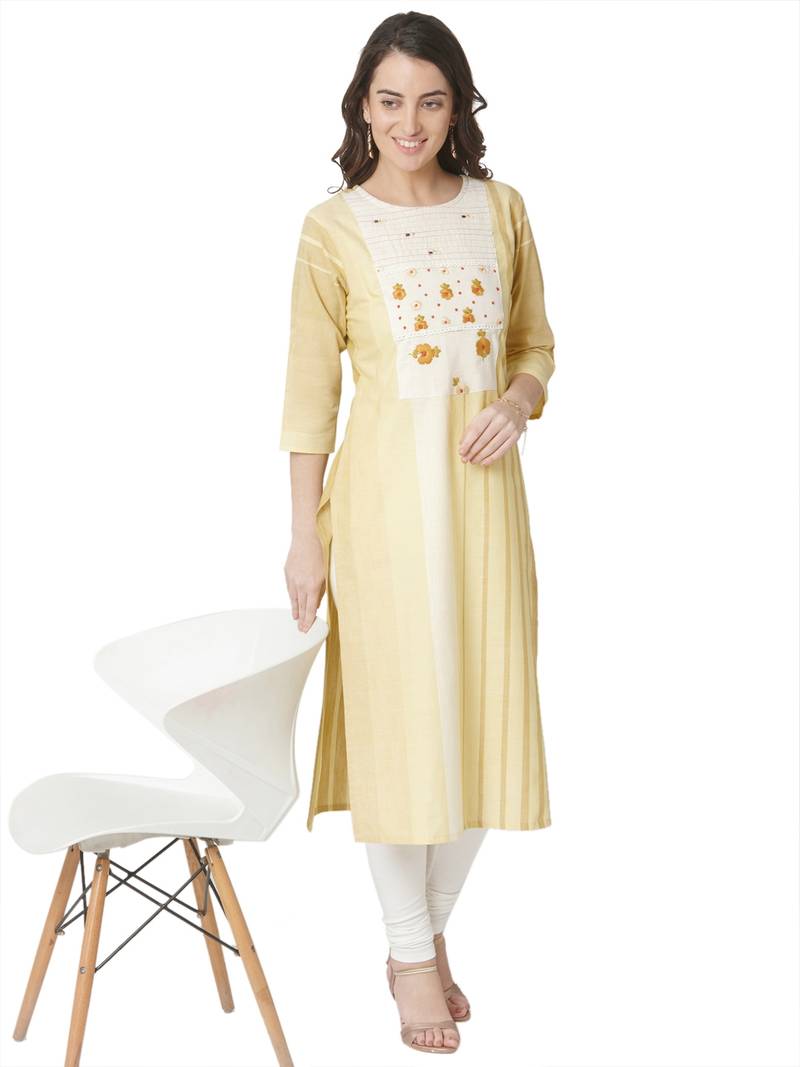 women's  yellow colour  embroidered cotton straight kurta