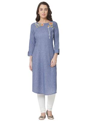 women's  blue colour  embroidered cotton straight kurta 1