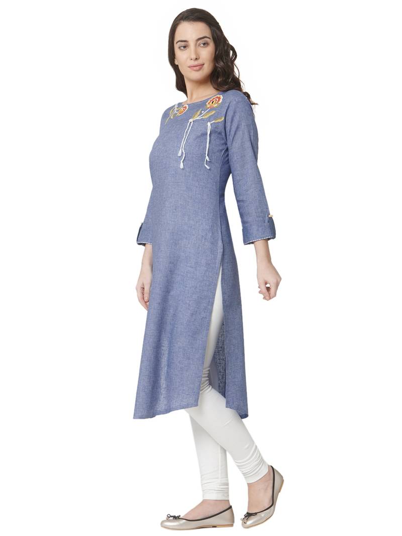 women's  blue colour  embroidered cotton straight kurta