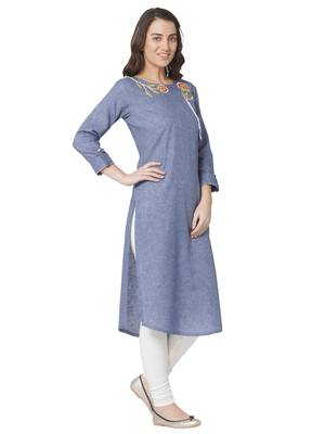 women's  blue colour  embroidered cotton straight kurta 3