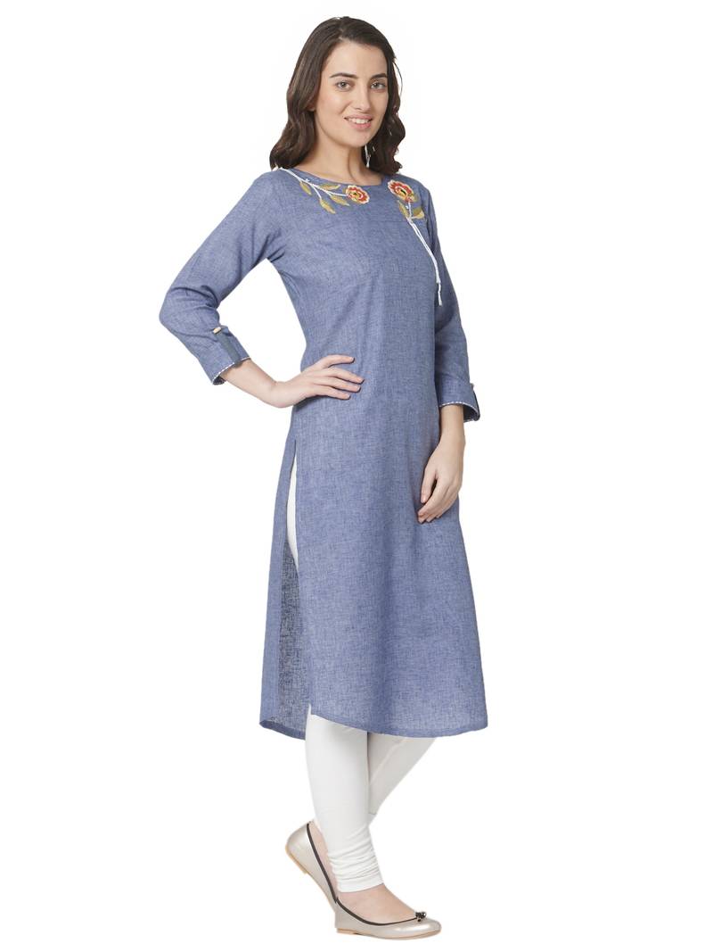 women's  blue colour  embroidered cotton straight kurta