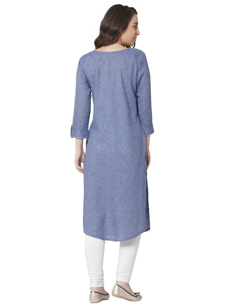 women's  blue colour  embroidered cotton straight kurta