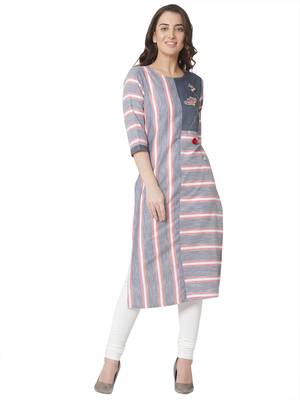 women's   grey colour embroidered cotton straight kurta 1