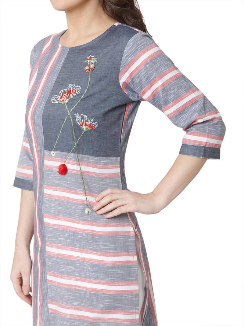 women's   grey colour embroidered cotton straight kurta