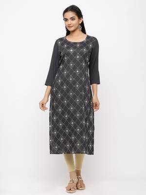 Women's  Dark Grey Rayon Slub Embroidered Straight Kurta 1