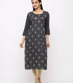 Women's  Dark Grey Rayon Slub Embroidered Straight Kurta