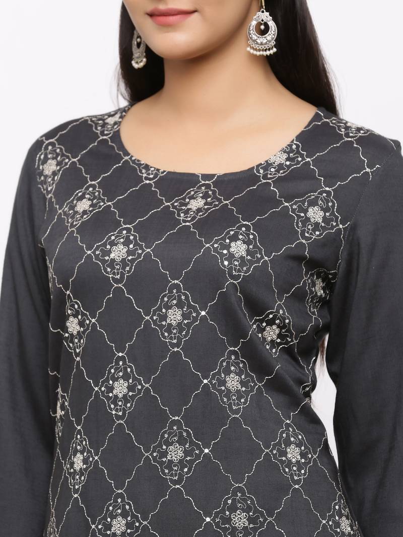 Women's  Dark Grey Rayon Slub Embroidered Straight Kurta