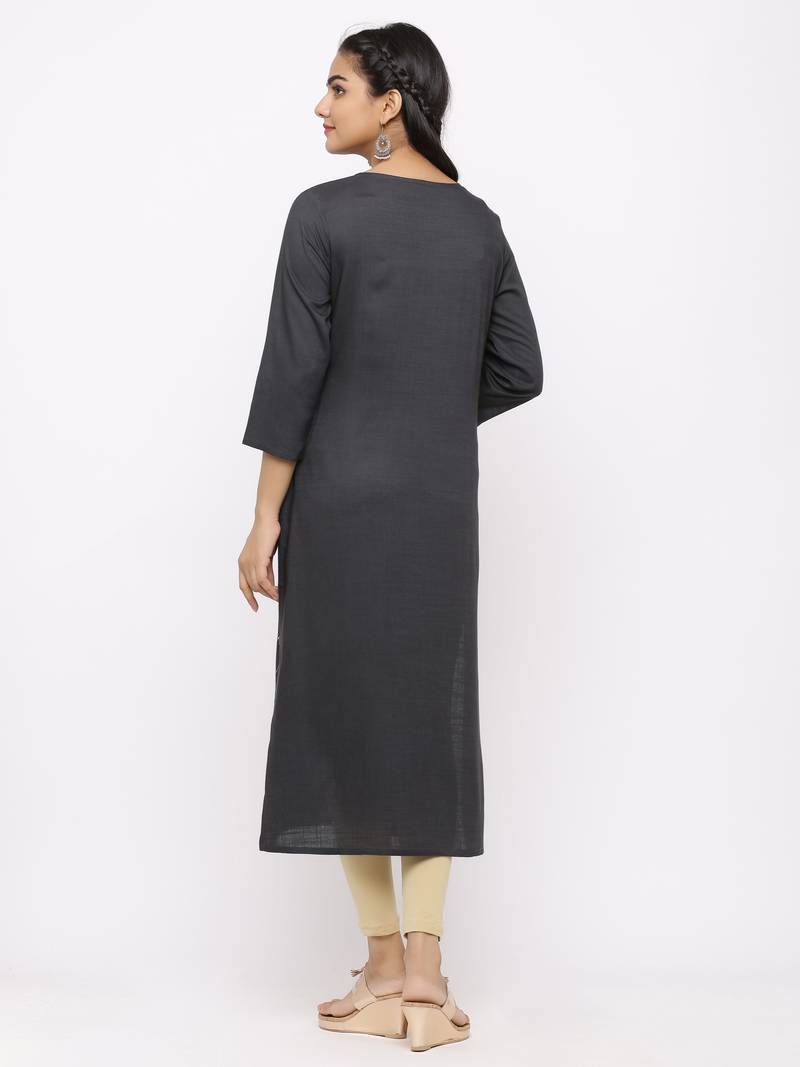 Women's  Dark Grey Rayon Slub Embroidered Straight Kurta
