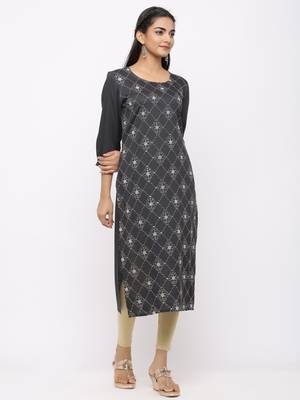 Women's  Dark Grey Rayon Slub Embroidered Straight Kurta 4