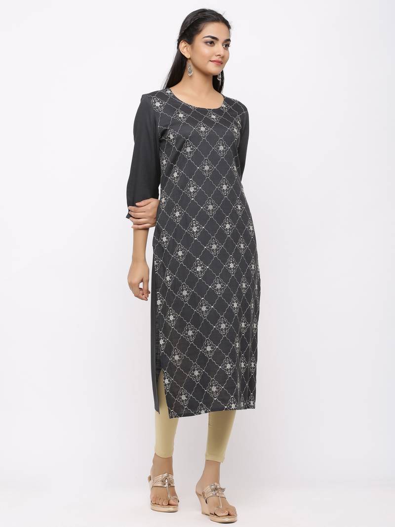 Women's  Dark Grey Rayon Slub Embroidered Straight Kurta