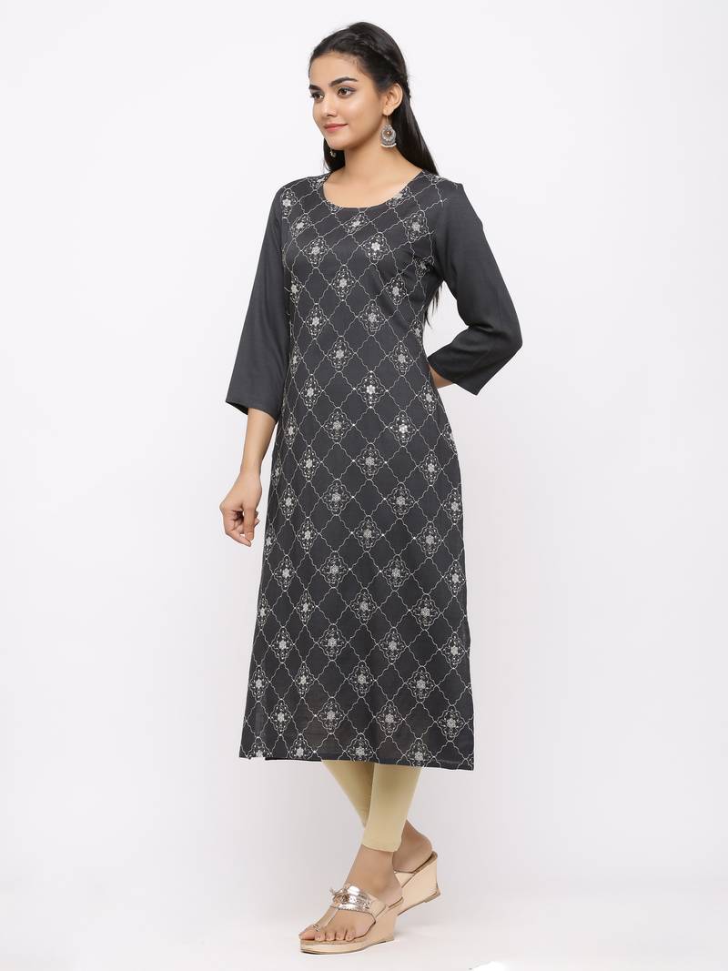 Women's  Dark Grey Rayon Slub Embroidered Straight Kurta