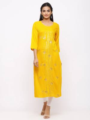 Women's  Mustard Rayon Slub Embroidered Straight Kurta 1