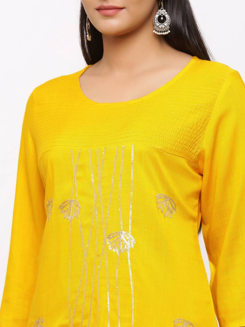 Women's  Mustard Rayon Slub Embroidered Straight Kurta