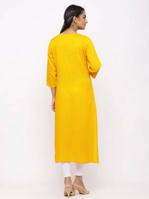 Women's  Mustard Rayon Slub Embroidered Straight Kurta 3