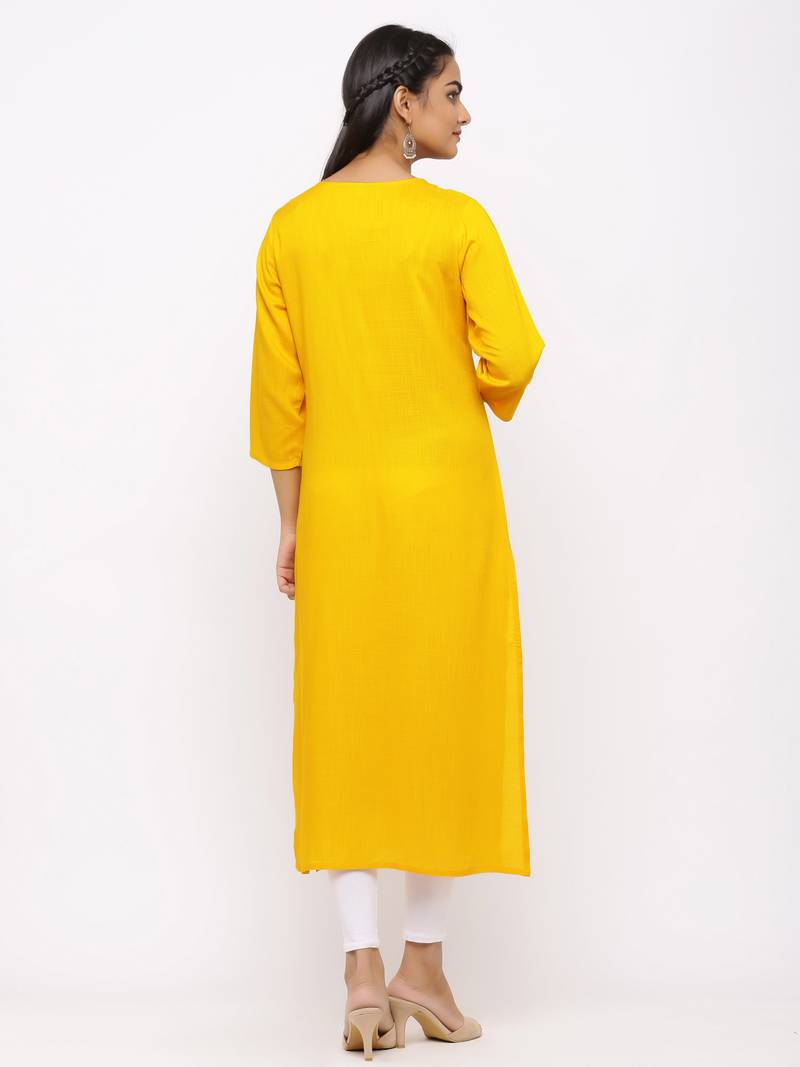 Women's  Mustard Rayon Slub Embroidered Straight Kurta