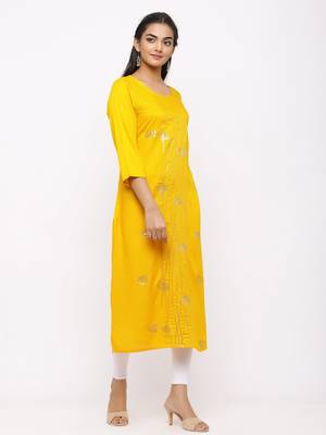 Women's  Mustard Rayon Slub Embroidered Straight Kurta 4