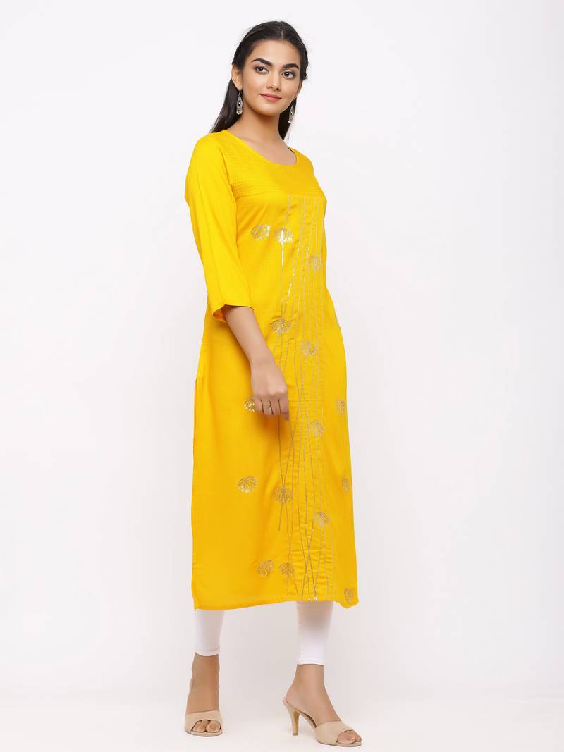 Women's  Mustard Rayon Slub Embroidered Straight Kurta