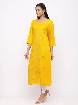 Women's  Mustard Rayon Slub Embroidered Straight Kurta 5