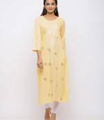Women's  Peach Rayon Slub Embroidered Straight Kurta