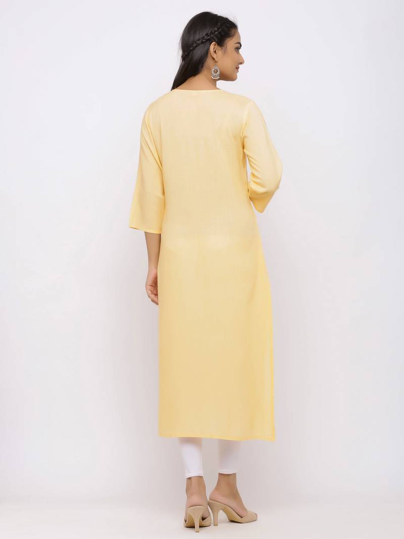 Women's  Peach Rayon Slub Embroidered Straight Kurta