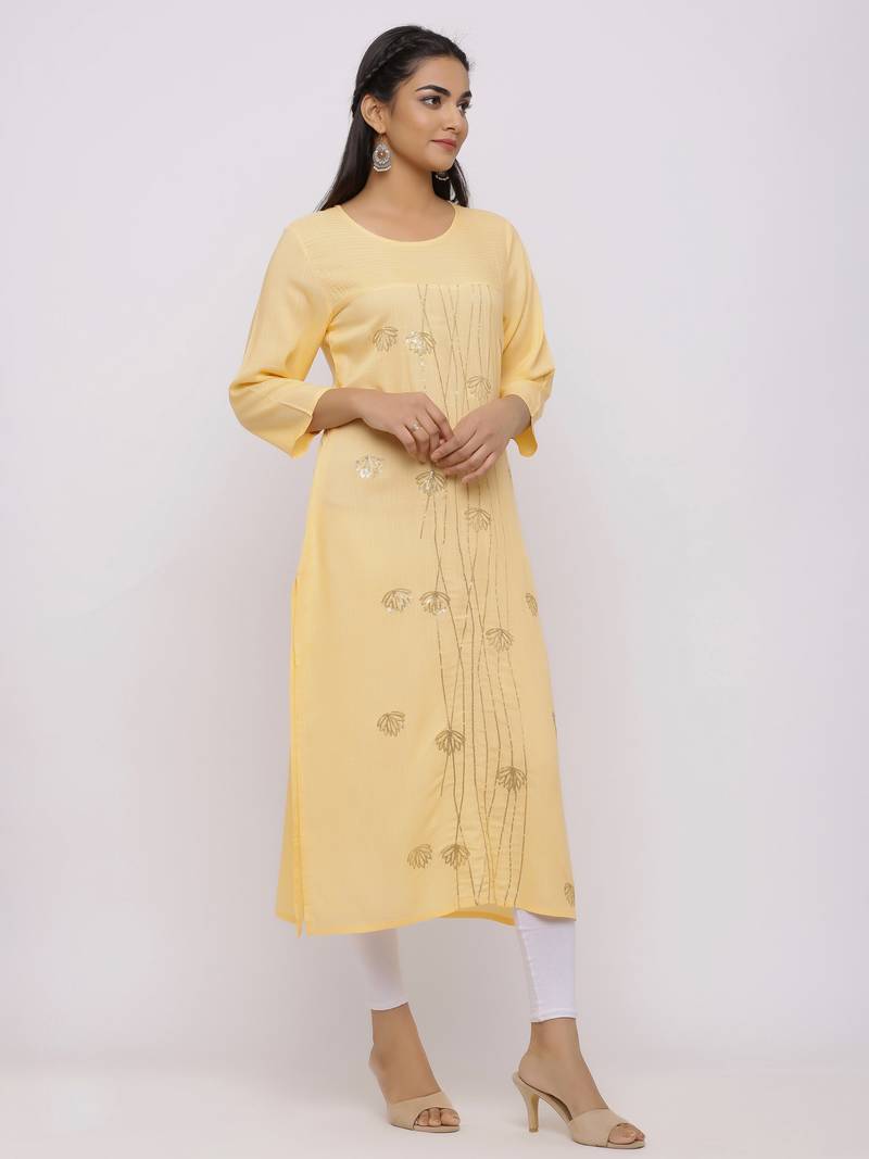 Women's  Peach Rayon Slub Embroidered Straight Kurta