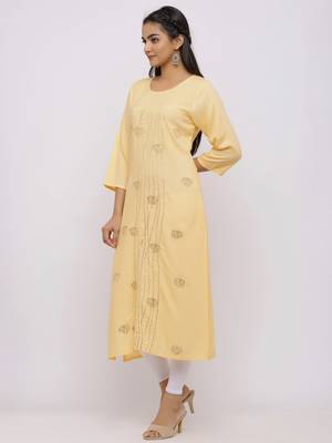 Women's  Peach Rayon Slub Embroidered Straight Kurta 5