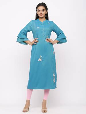 Women's  Sea Blue Rayon Slub Embroidered Straight Kurta 1