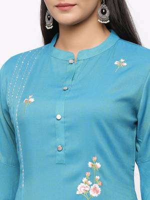Women's  Sea Blue Rayon Slub Embroidered Straight Kurta 2