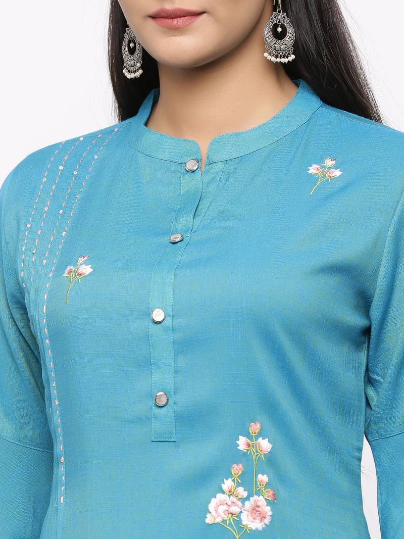 Women's  Sea Blue Rayon Slub Embroidered Straight Kurta