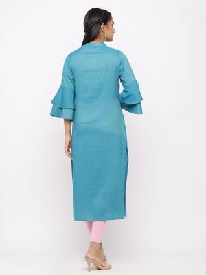 Women's  Sea Blue Rayon Slub Embroidered Straight Kurta 3