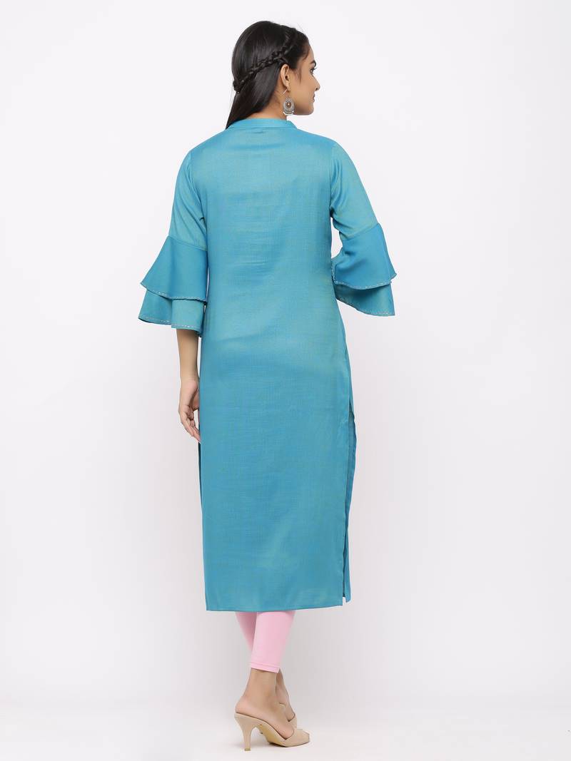 Women's  Sea Blue Rayon Slub Embroidered Straight Kurta