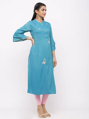 Women's  Sea Blue Rayon Slub Embroidered Straight Kurta 4