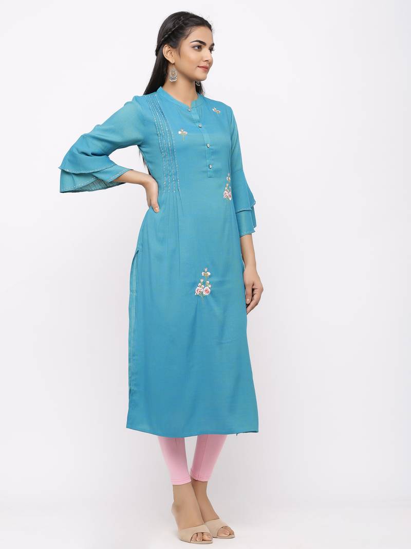 Women's  Sea Blue Rayon Slub Embroidered Straight Kurta