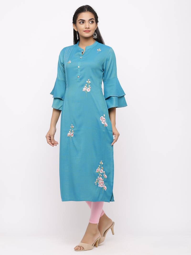 Women's  Sea Blue Rayon Slub Embroidered Straight Kurta