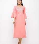 Women's  Pink Rayon Slub Embroidered Straight Kurta