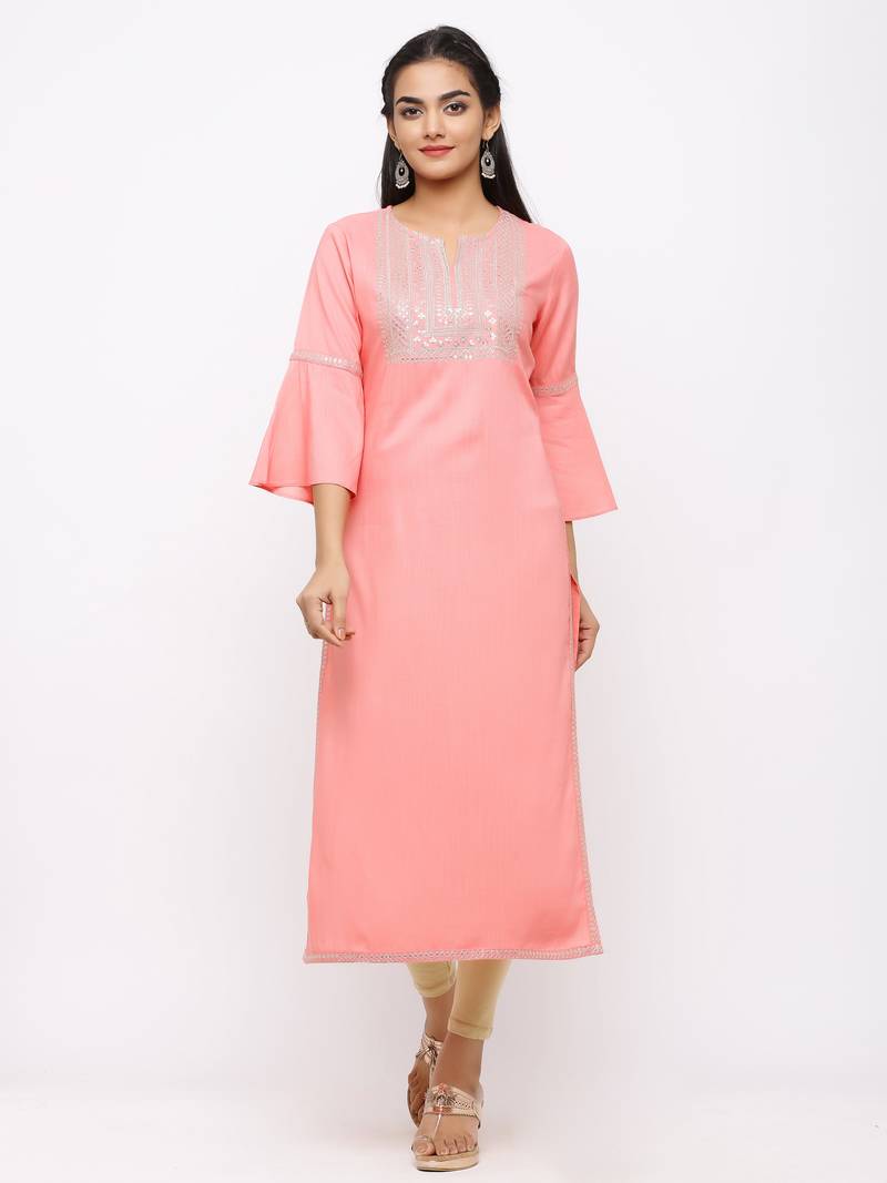 Women's  Pink Rayon Slub Embroidered Straight Kurta
