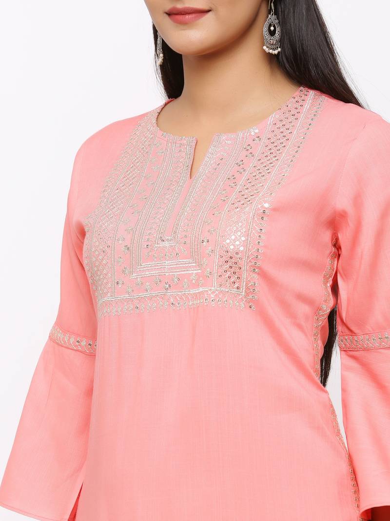 Women's  Pink Rayon Slub Embroidered Straight Kurta