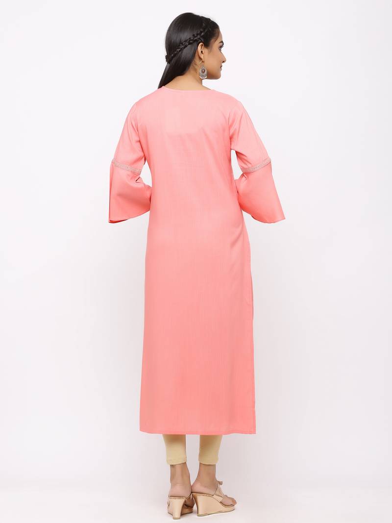 Women's  Pink Rayon Slub Embroidered Straight Kurta