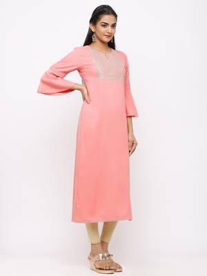 Women's  Pink Rayon Slub Embroidered Straight Kurta 4