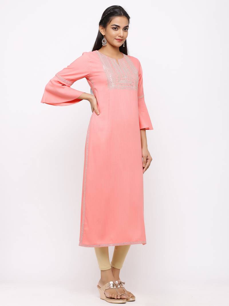Women's  Pink Rayon Slub Embroidered Straight Kurta