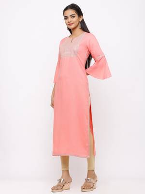 Women's  Pink Rayon Slub Embroidered Straight Kurta 5